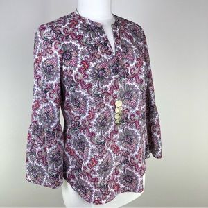 J.Crew Size XS Pink and White Paisley Bell Sleeves a blouse Top